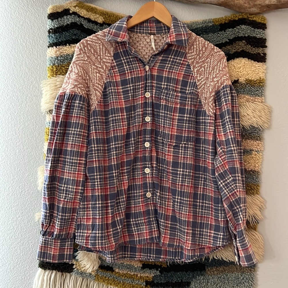 FREE PEOPLE Fireside Nights Plaid & Knit Long Sleeve Blouse Cloudy Combo Size S - Picture 6 of 15